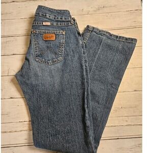 Wrangler Premium Patch Bootcut Jeans Womens 3/4x32 Low Rise Medium Wash Y2K